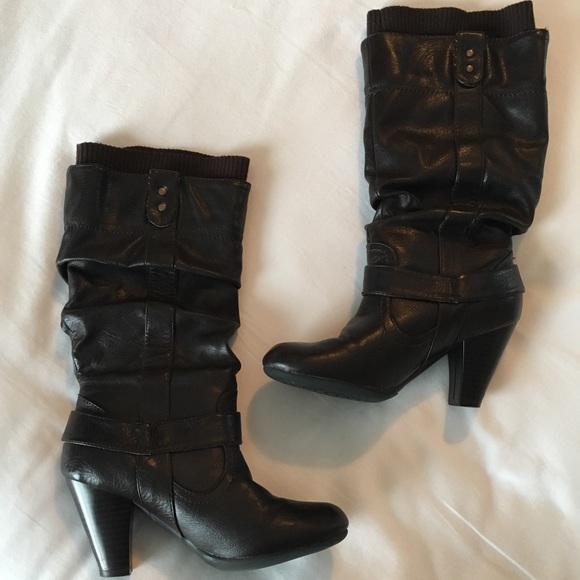 Brown Leather Scrunch Heeled Boots w/ Sweater Cuff - Picture 2 of 6